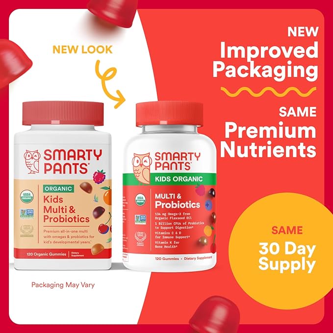 SmartyPants Organic Kids Multivitamin Gummies: Probiotics, Omega 3 (ALA), Vitamin D3, C, Vitamin B12, B6, A, K & Zinc for Immune Support, Biotin, 120 Count - Image 3