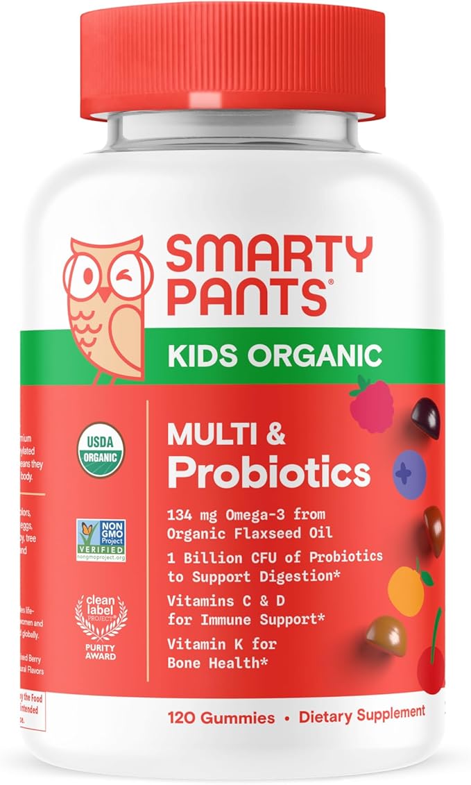 SmartyPants Organic Kids Multivitamin Gummies: Probiotics, Omega 3 (ALA), Vitamin D3, C, Vitamin B12, B6, A, K & Zinc for Immune Support, Biotin, 120 Count