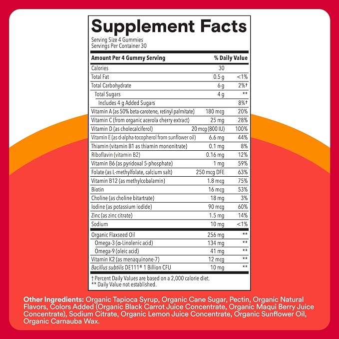 SmartyPants Organic Kids Multivitamin Gummies: Probiotics, Omega 3 (ALA), Vitamin D3, C, Vitamin B12, B6, A, K & Zinc for Immune Support, Biotin, 120 Count - Image 4