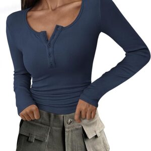 PRETTYGARDEN Women's 2025 Spring Fall Long Sleeve Henley T Shirts Button Ribbed Knit Slim