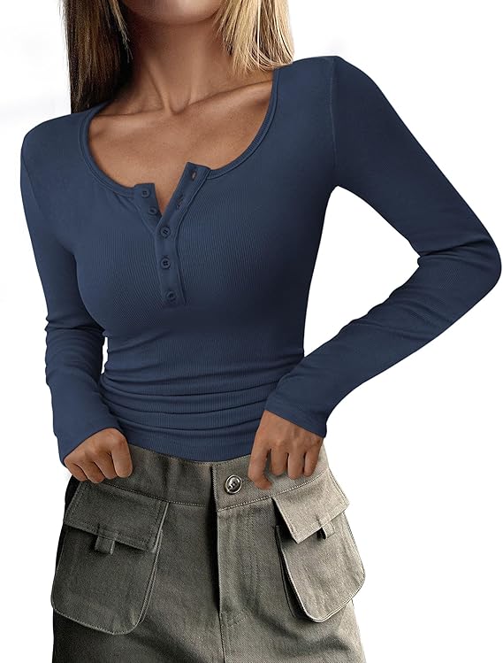 PRETTYGARDEN Women's 2025 Spring Fall Long Sleeve Henley T Shirts Button Ribbed Knit Slim