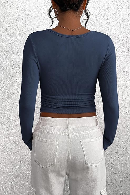 PRETTYGARDEN Women's 2025 Spring Fall Long Sleeve Henley T Shirts Button Ribbed Knit Slim - Image 2