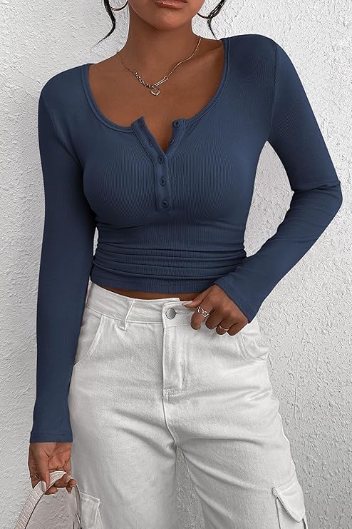 PRETTYGARDEN Women's 2025 Spring Fall Long Sleeve Henley T Shirts Button Ribbed Knit Slim - Image 3